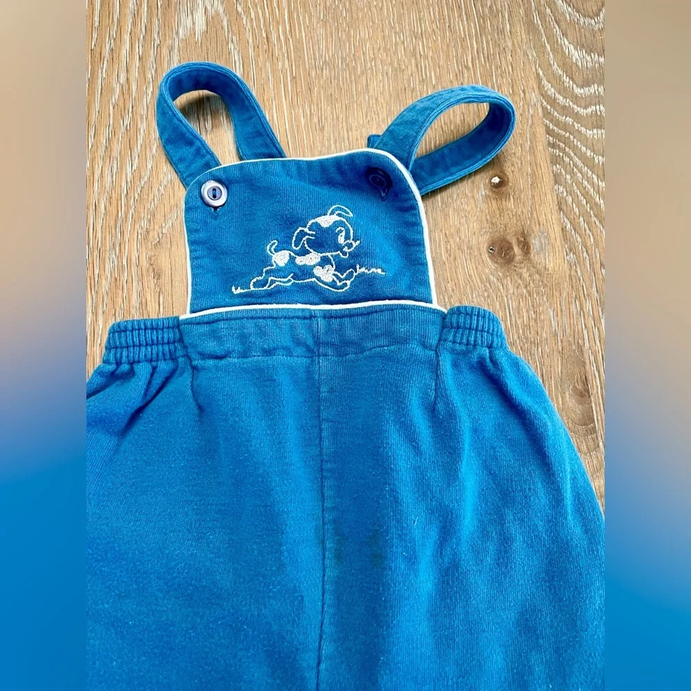 Carter’s Blue Cotton Overalls with embroidered‎ puppy running, size XL VTG 70s